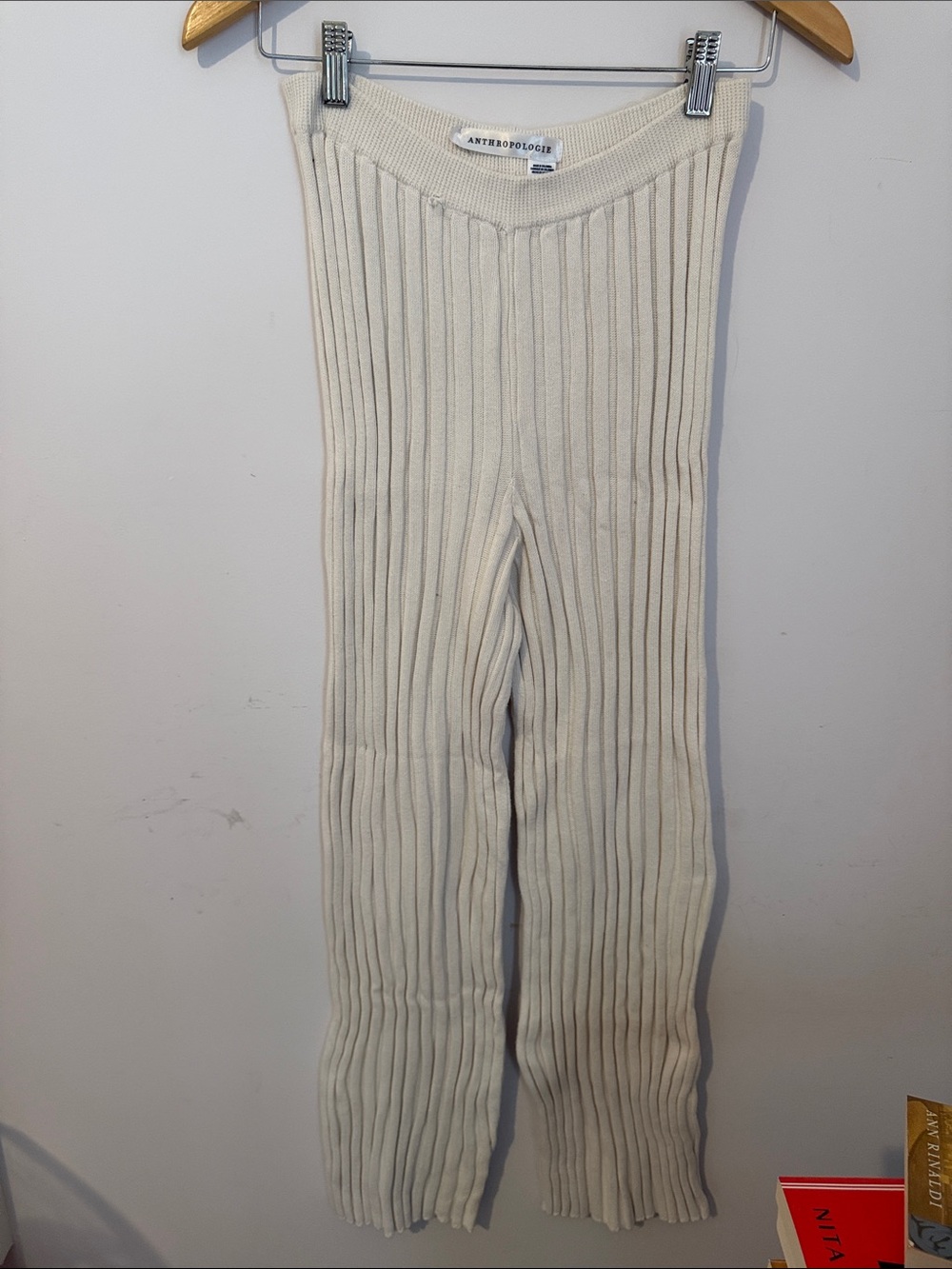 Anthropologie Ivory Ribbed Wide-Leg Knit Pants